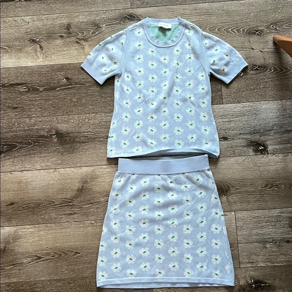 Free Assembly Pale Blue Floral Crewneck Sweater and Skirt